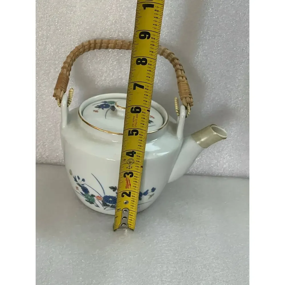 Vintage Japan Teapot with Bamboo Handle and 5 Tea Cups Blue Flowers